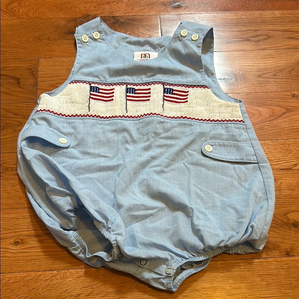 Smocked American Flag Light Blue Baby One-Piece Romper
